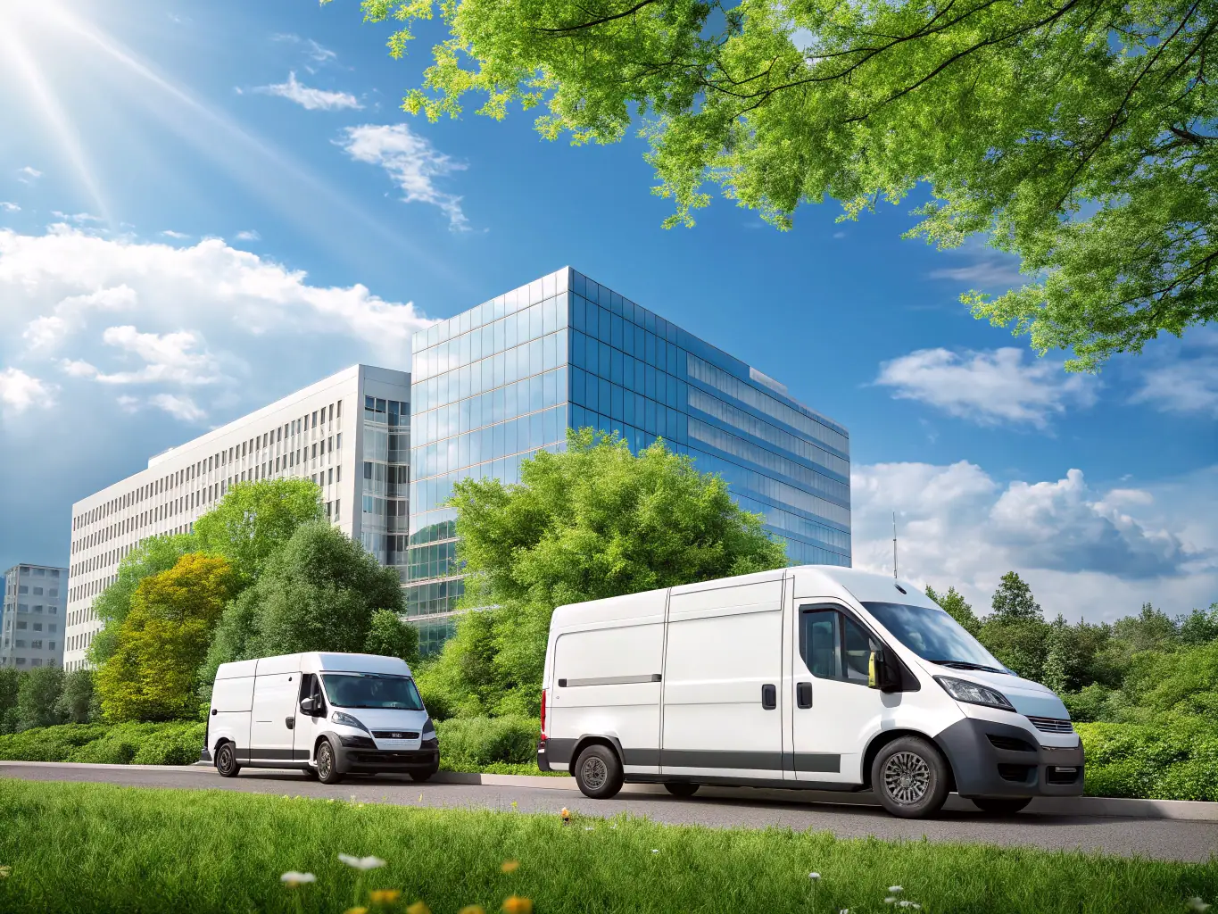 An image of electric delivery vans navigating city streets with green surroundings, showcasing Green Logistic's eco-friendly last-mile delivery service.
