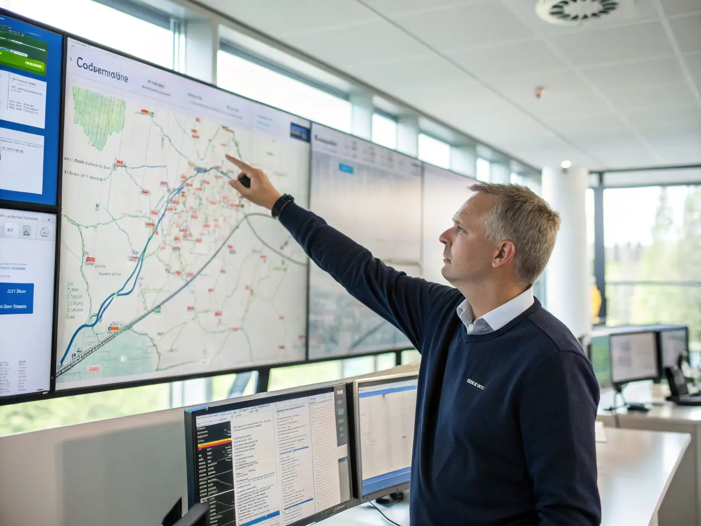 A logistics expert using advanced software to optimize delivery routes, highlighting Green Logistic's commitment to innovative and sustainable practices.