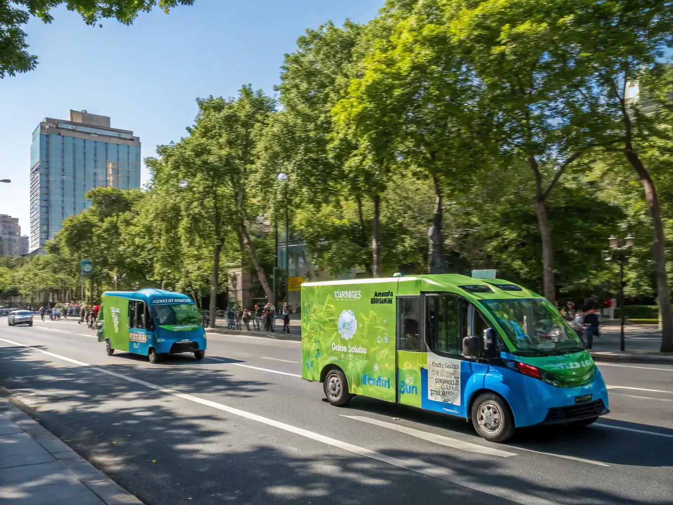 A modern electric delivery van driving through a bustling city street, showcasing Green Logistic's commitment to eco-friendly last-mile delivery.
